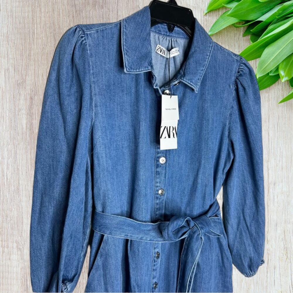 NWT - Zara Denim Belted Shirt Mini Dress Size: M - Picture 10 of 10